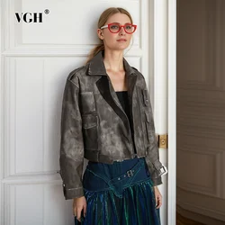 VGH Casual Patchwork Pockets Leather Jackets For Women Lapel Long Sleeve Spliced Zipper Streetwear Vintage Jacket Female Style