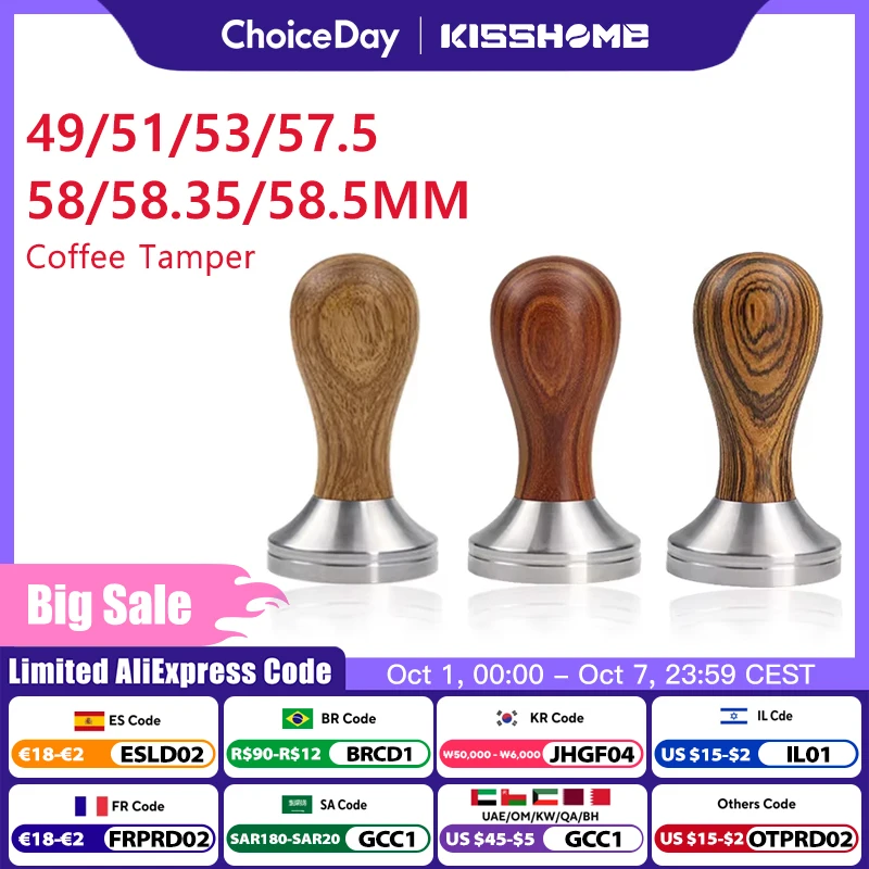 Kaffee-Stampfer, 41 mm, 49 mm, 51 mm, 53 mm, 57,5 mm, 58,35 mm, Holzgriff, Edelstahl, Delonghi Breville Barista, Espresso-Zubehör