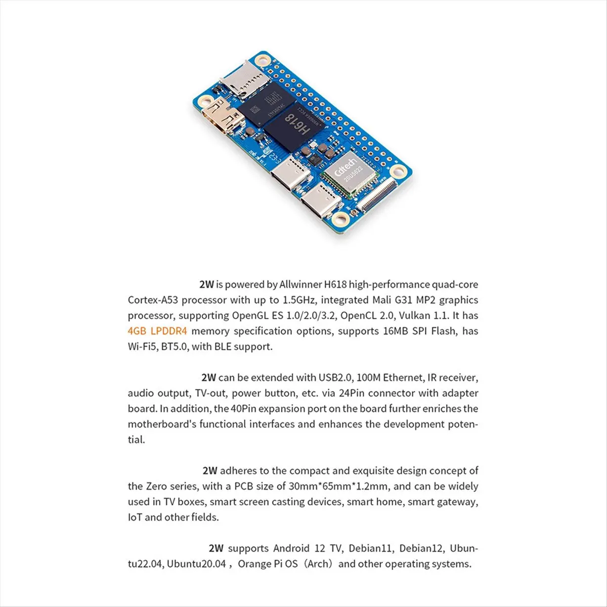 goodidea For Orange Pi Zero 2W Development Board 1.5GB RAM DDR4 Mini PC Allwinner H618 WiFi5 Bluetooth5.0 Supports 4K 60FPS