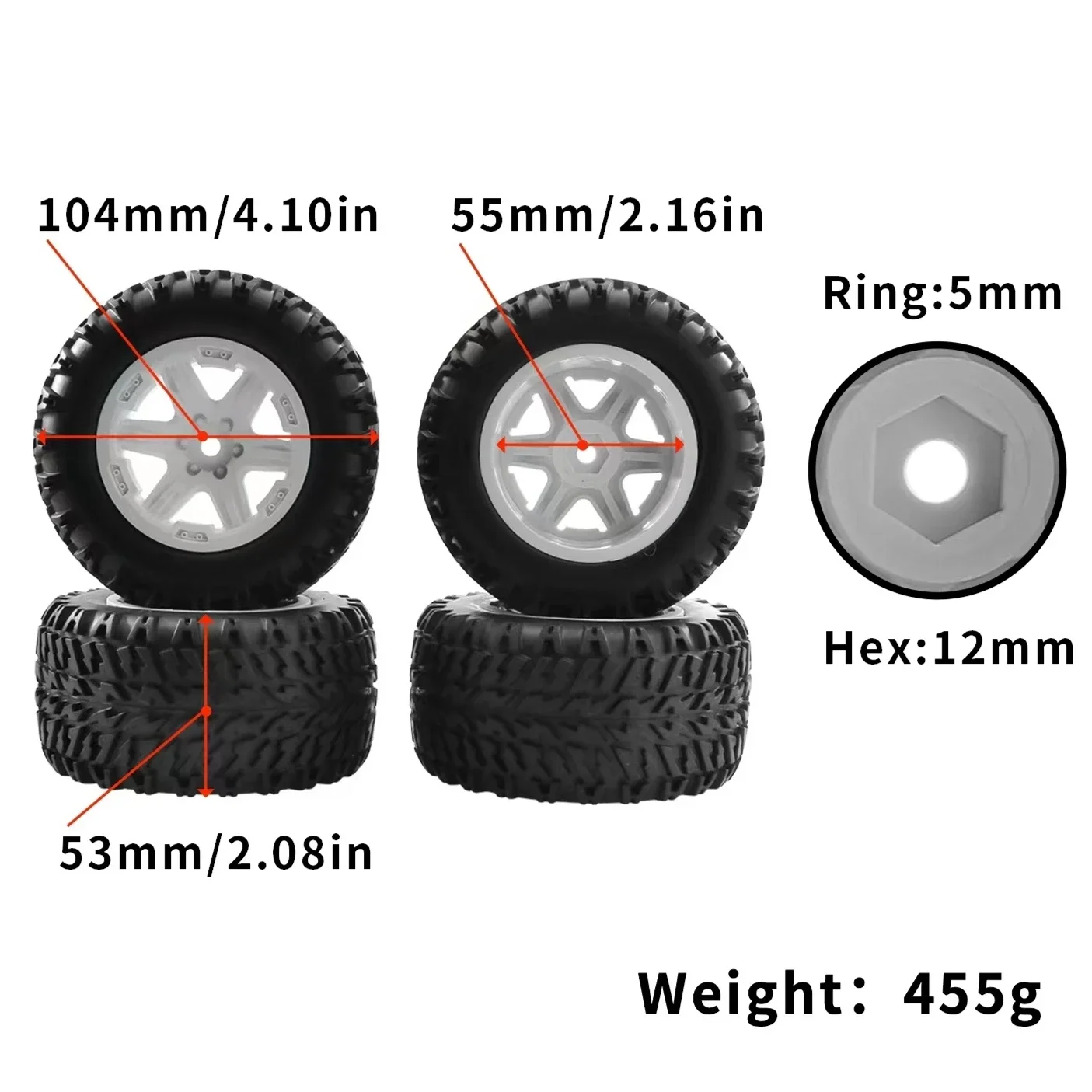 4pcs 104mm 1/10 Monster Truck Buggy Tires Wheel 12mm Hex for 1/16 MJX 16027 Traxxas HSP HPI Tamiya Kyosho Wltoys Upgrade Parts