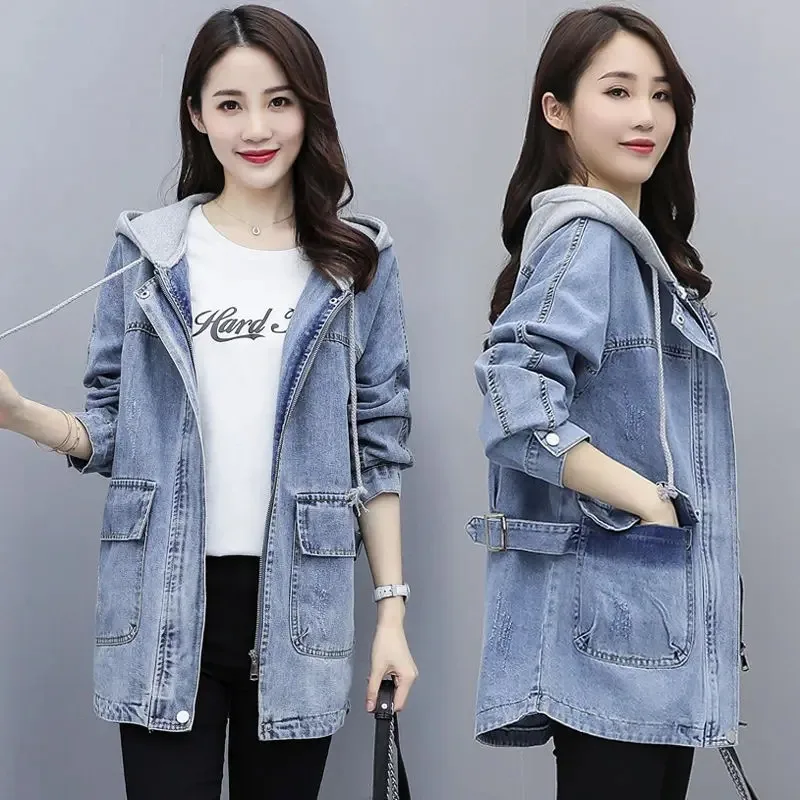 

Джинсовая женская куртка, новая, весна-осень, средней длины, с длинными рукавами, повседневная, с капюшоном, большими карманами, на молнии, джинсовая верхняя одежда для женщин R1750