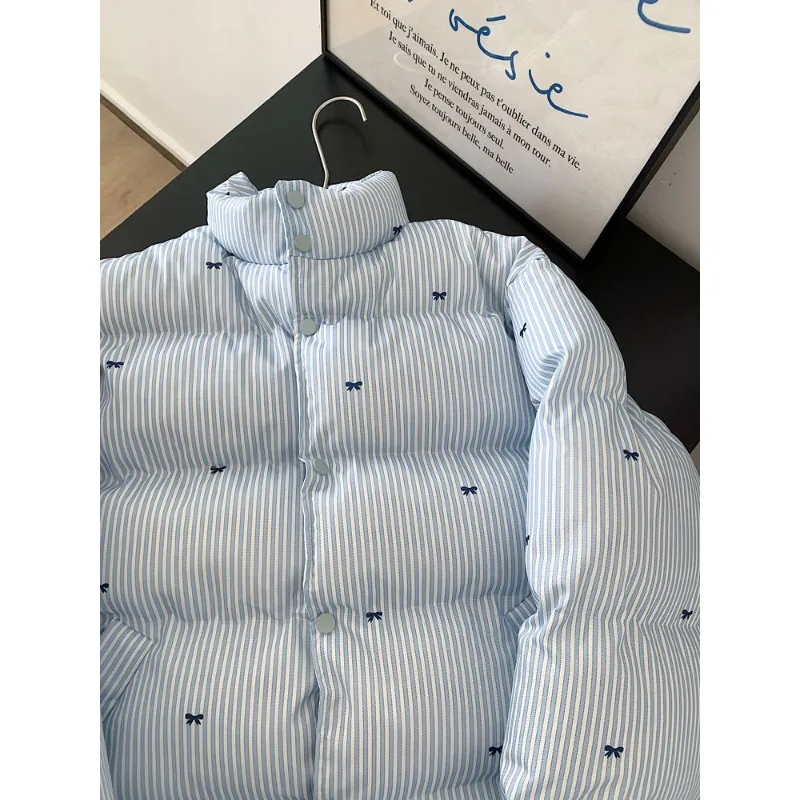 Women's Winter Tops Jacket Cotton Coat Striped Bow Thickened Warm Vintage Simple Comfortable Leisure Fashion New Niche Versatile