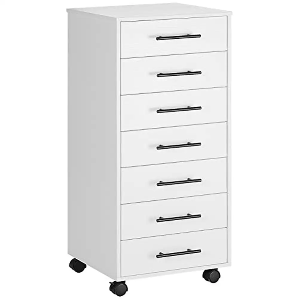 7-Drawer Wooden Office Storage Cabinet with Metal Handles Easy Assembly and Stable White Office Organizer with Casters Quick