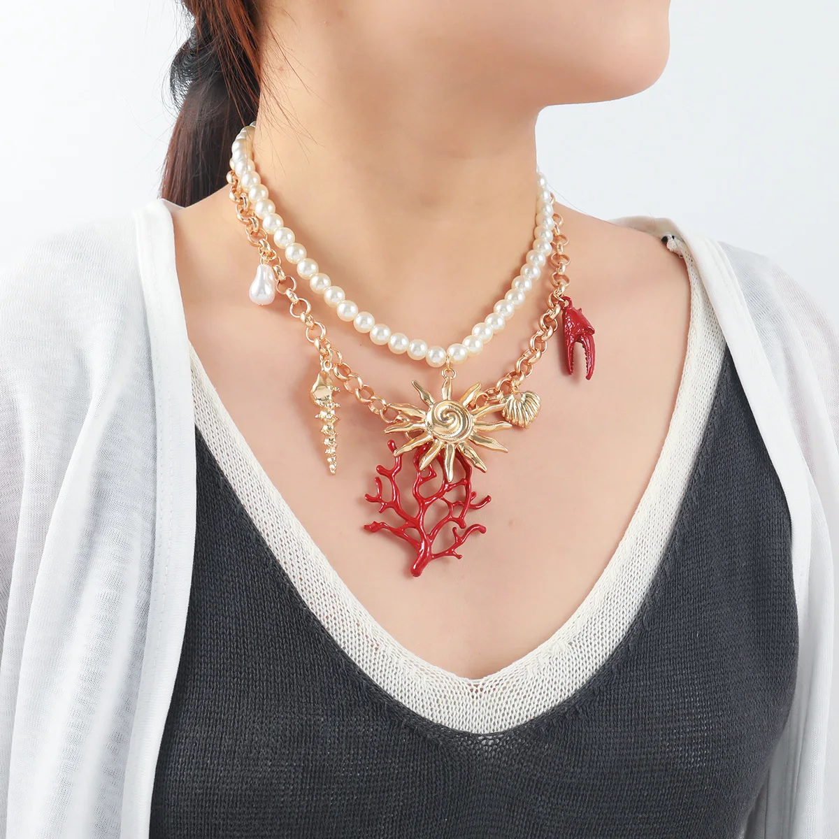 

Sea Star Shell Pendant Collarbone Necklace Ocean Style Imitation Pearl 2025 Summer Personality Exaggerate Tyle Beach Party Gifts