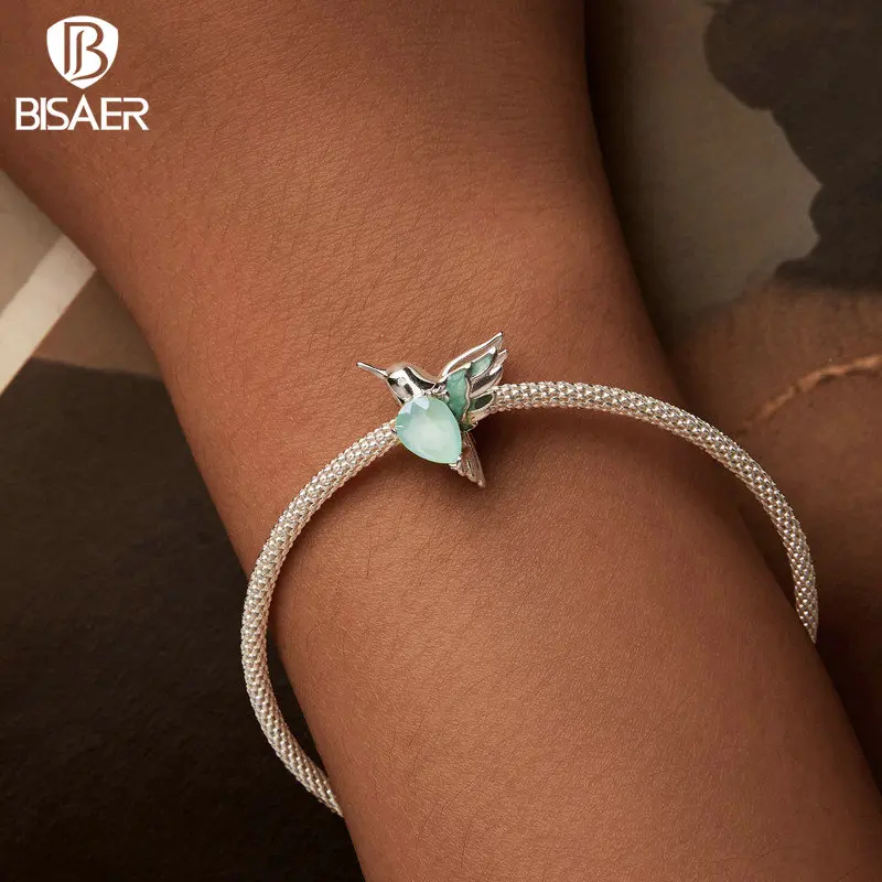 BISAER 925 Sterling Silver Hummingbird Charm Flowers Bead Glow-in-the-dark For Luxury Women DIY Bracelet Necklace Fine Jewelry