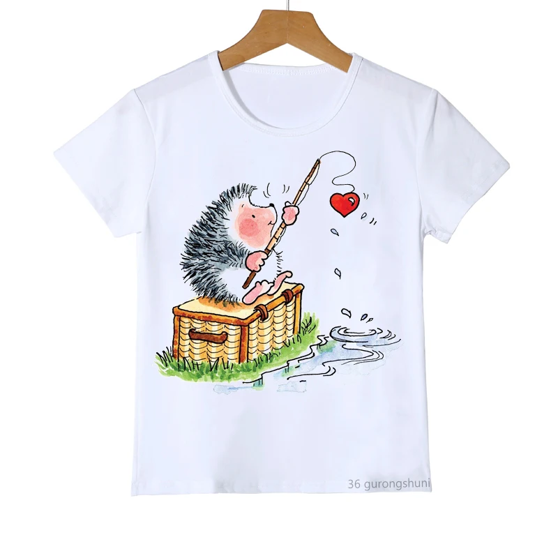 Kawaii Hedgehog Cartoon Print Boys T Shirt Summer Girls T-shirt Give Children Birthday Gift Childrens Clothing Tshirt