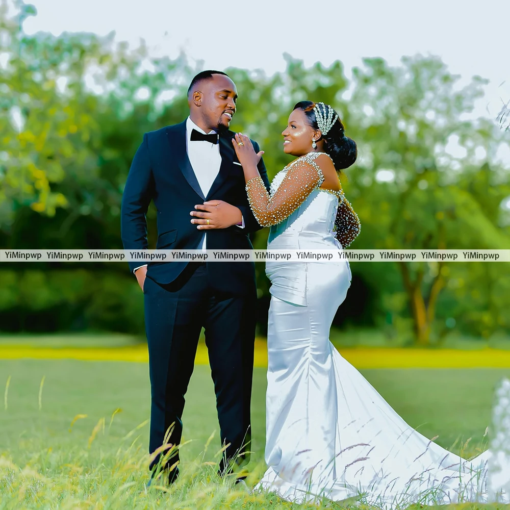 Luxe Witte Kralen Parels Zeemeermin O-hals Trouwjurken Voor Zwarte Meisjes 2025, Lange Mouwen Afrikaanse Satijnen Bruidsjurken Aangepast