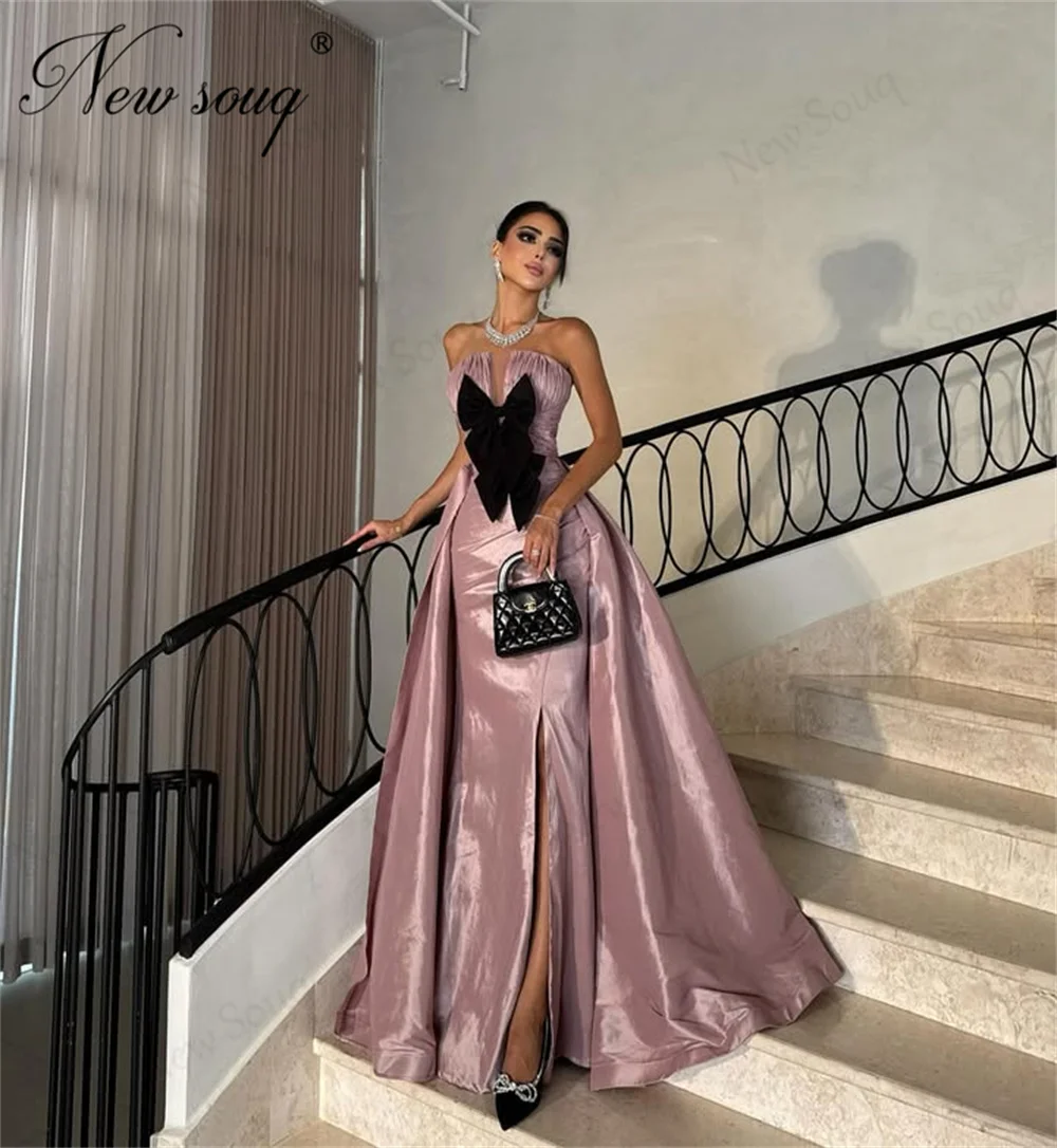 

High Fashion Blush Pink Evening Dresses With Overskirt Black Bow Strapless Special Occasion Gowns Wedding Party Dress Customized