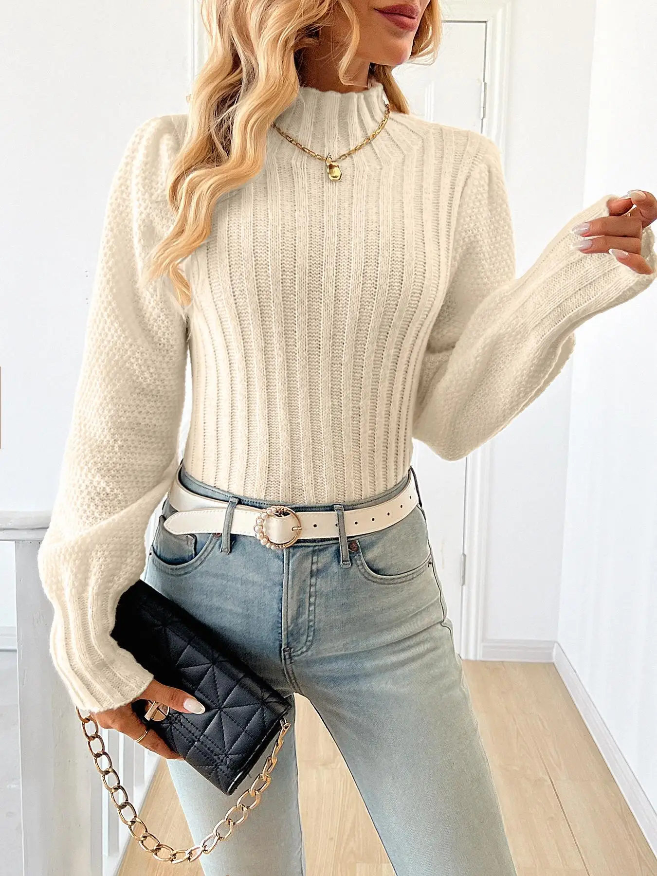 Damski sweter dziergany, casualowy, z długim rękawem, elegancki, modelujący talię, modny, idealny na wiosnę i jesień, rekomendowany na wakacje.