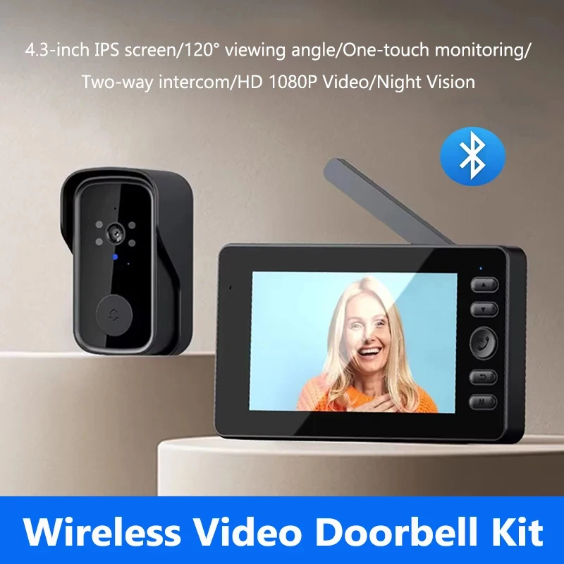 

Wireless Video Doorbell HD 1080P Night Vision 4.3in lPS Screen Waterproof Visual Doorbell Camera Home Security Two-way Intercom