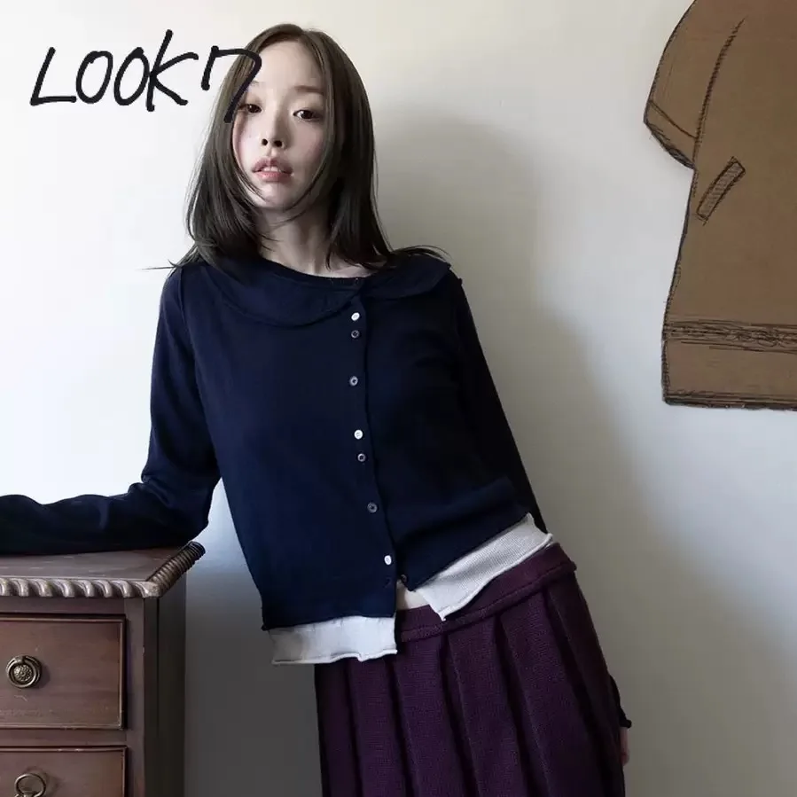 Violet 2 Size Buttoned Asymmetrical Doll Collar Color Block Knitted Open Cardigan Loose Fit Long Sleeve Regular Length Japane...