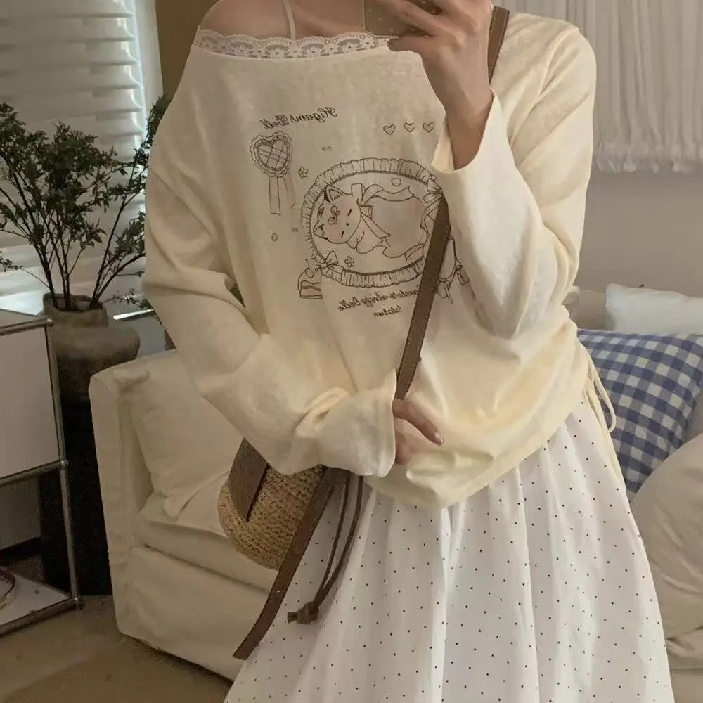korean-style-sweet-lace-sun-protection-cover-up-shoulder-bared-design-pure-desirable-spicy-girl-top-with-tie-drawstring