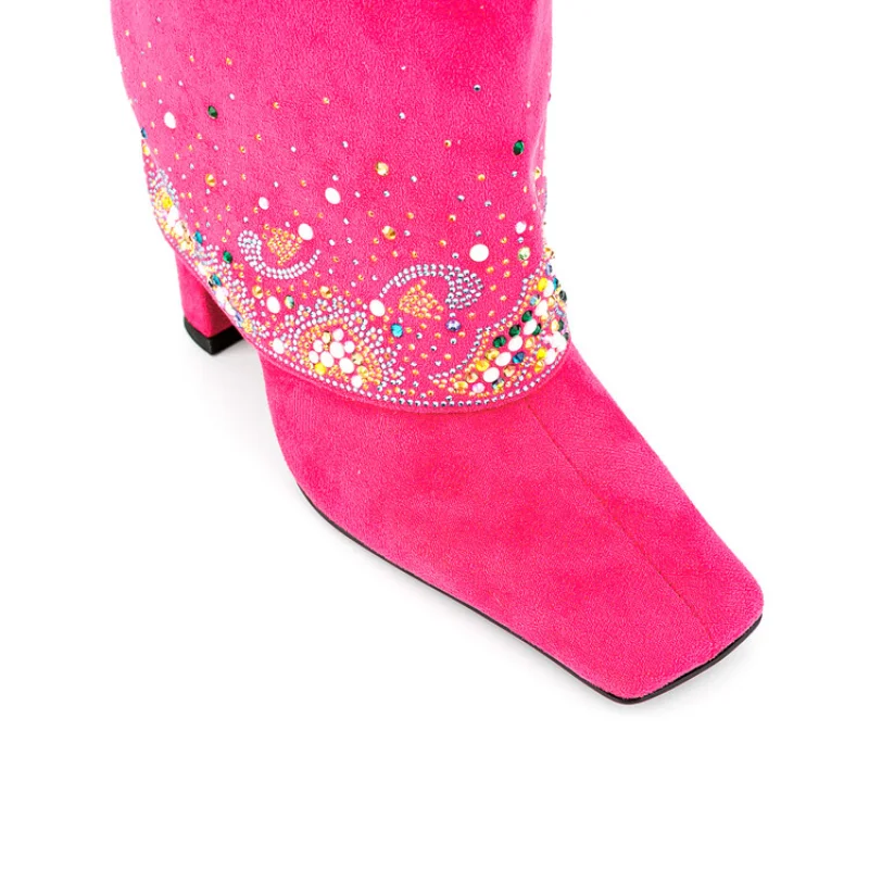 2023 Four Seasons New Fashion Flame Color Rhinestone Knee Length Sleeve Boots European and American Banquet Show Shoes