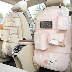 Cartoon Car Seat Back Storage Bag Leather Multifunction Car Backseat Organizer Cup Holder Tissue Holder Anti Kick Pad