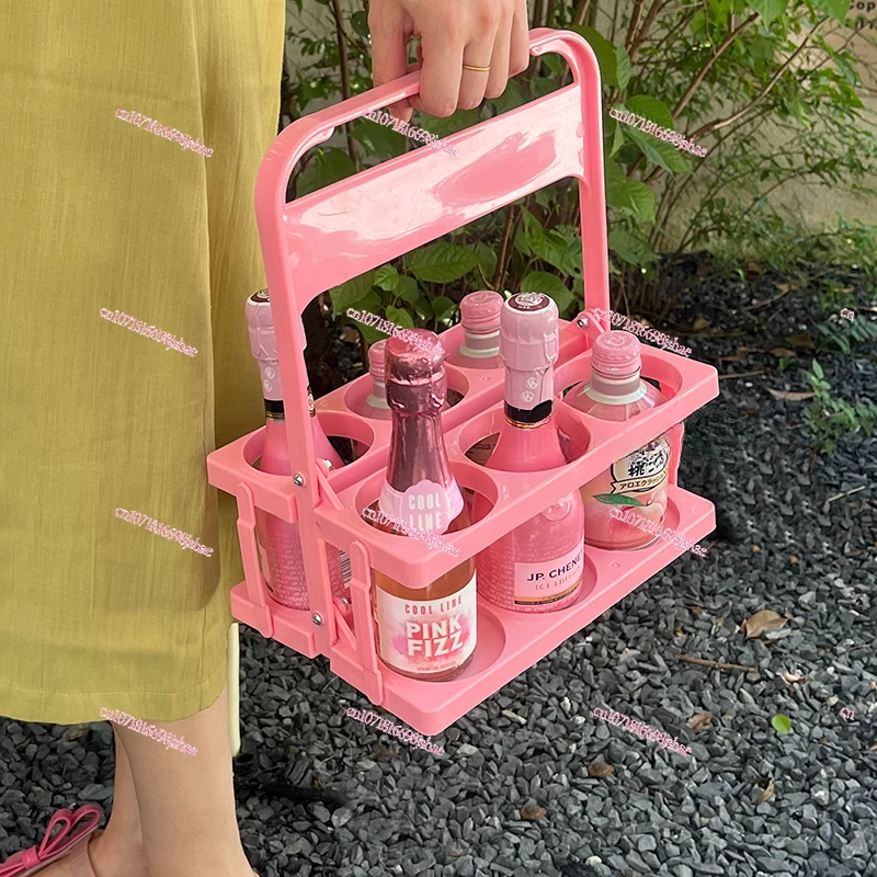 Pink girl heart picnic camping outdoor folding beverage beer handle basket, coffee milk tea portable storage basket