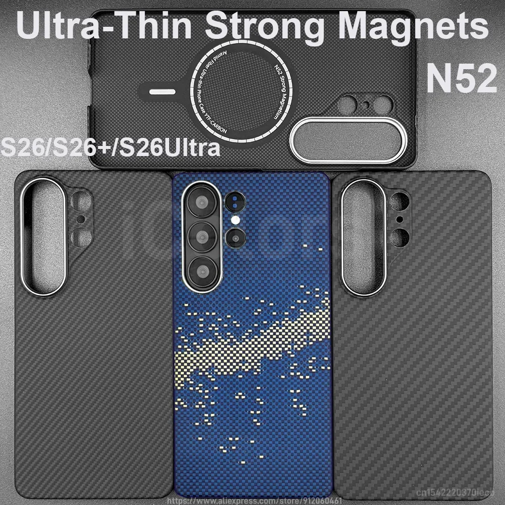 Capa magnética Magsafe para Samsung Galaxy S26 Ultra, capa de fibra de carbono aramida S26 Plus S26, capa protetora ultrafina e leve