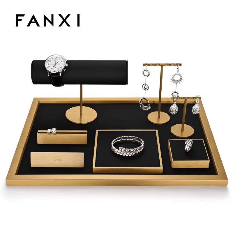 

Black Leather Light Luxury Metal Jewelry Display Plate Earring Holder Necklace Bracelet Jewelry Set Display Plate