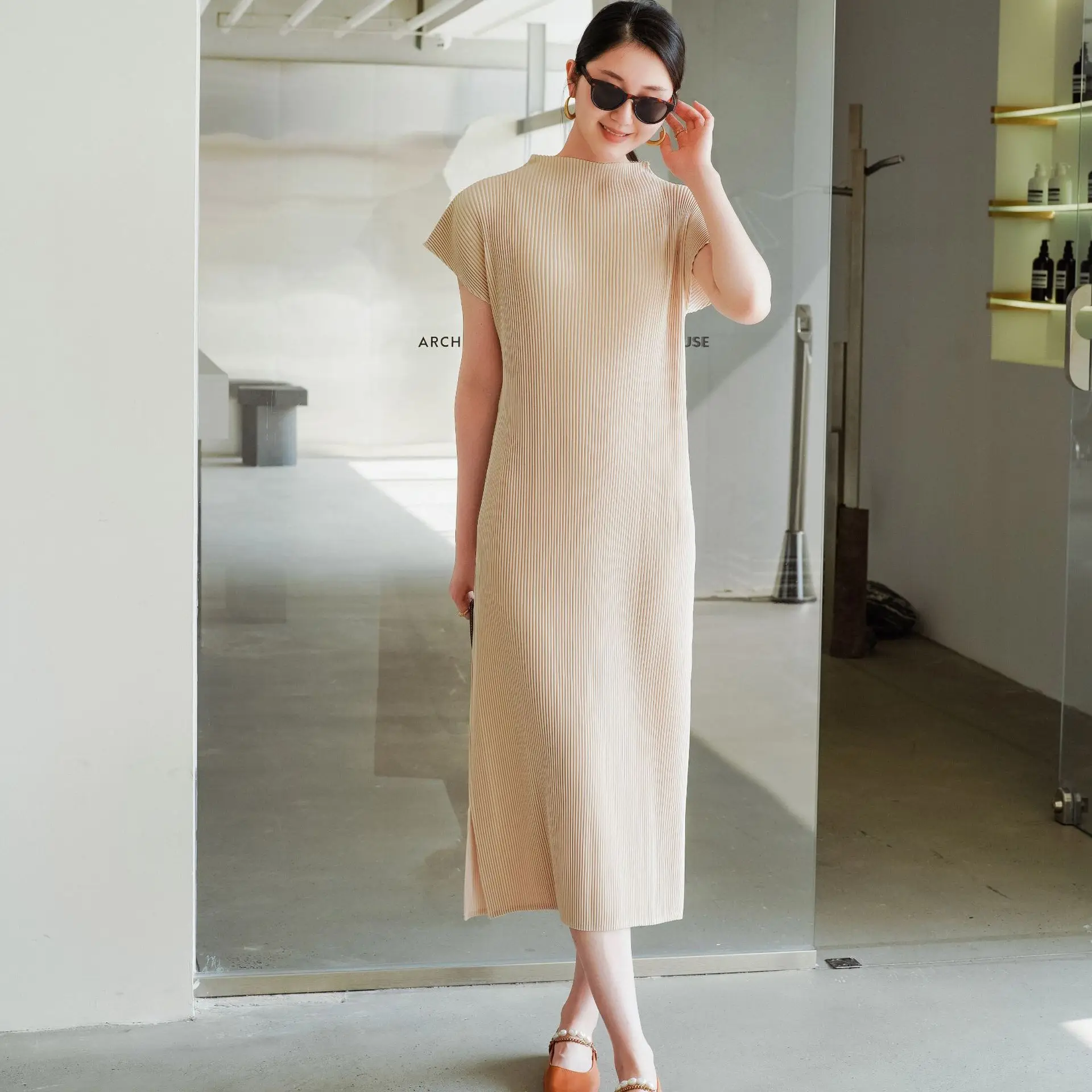 Miyake pleated solid color suit dress 2025 spring and summer new basic cheongsam style dress two-piece set AliExpress