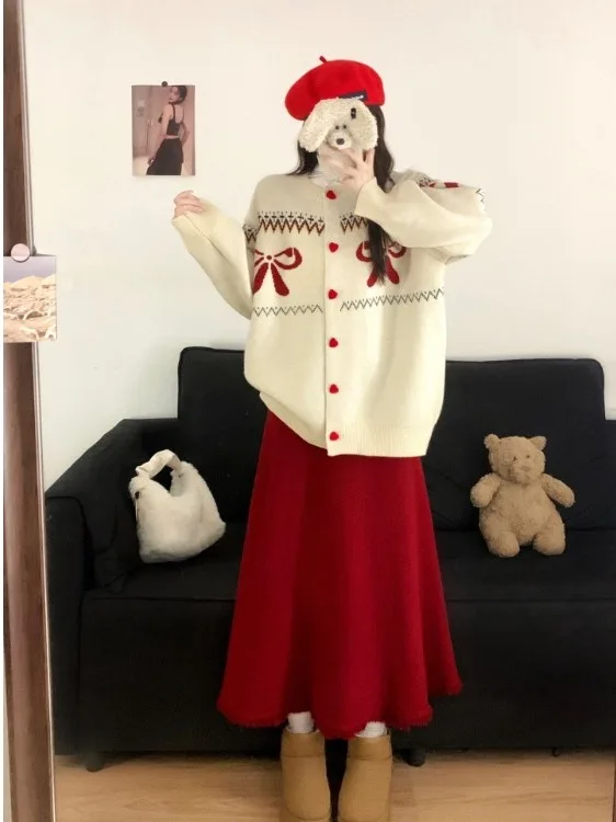 

plus Size Cisas Knot Embroidered Sweater And High Waist Skirt Set Women's Faion Autumn Winter Outfits