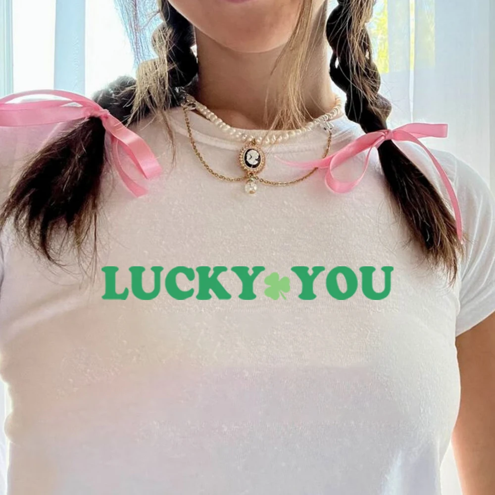 Lucky You Crop Top Cute Clover Fitted Graphic Baby Tee Y2K Baby Tee St Patricks Day Cropped Top St Patricks Day Gift for Her