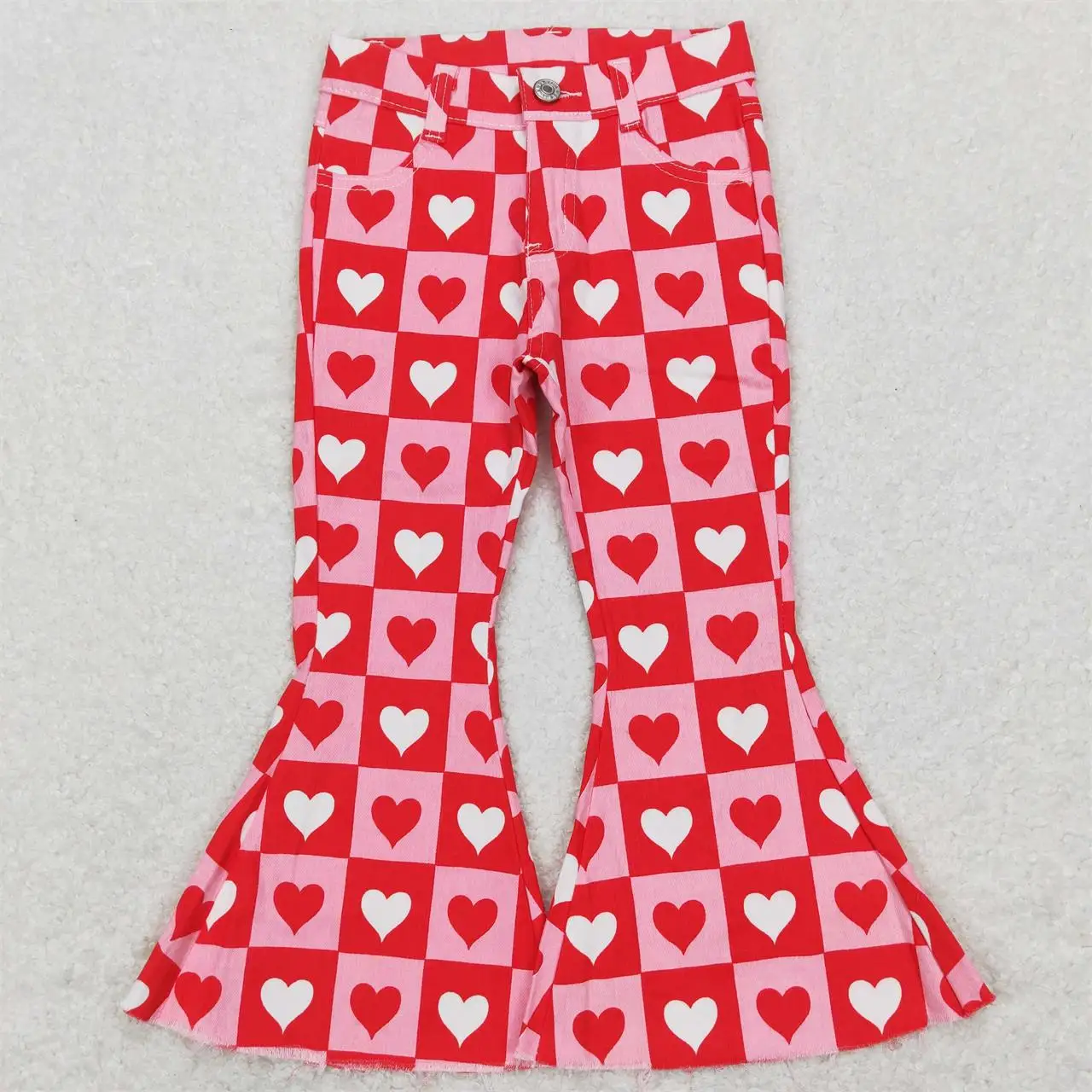 Wholesale Baby Girl Valentine's Day Hearts Denim Bell Bottom Pocket Pants Trousers Kid Jeans Children Toddler Checkered Clothing