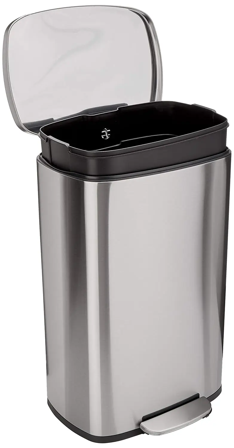 Smudge Resistant Rectangular Trash Can With Soft-Close Foot Pedal, Brushed Stainless Steel, 50 Liter/13.2 Gallon