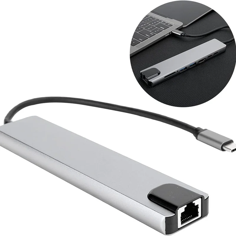 PD 100 واط شاحن 8 In1 نوع C USB C Hub الهاتف اللوحي المحمول إلى HDMI RJ45 USB 2.0/3.0 SD TF قارئ بطاقات محور كابل محول #1