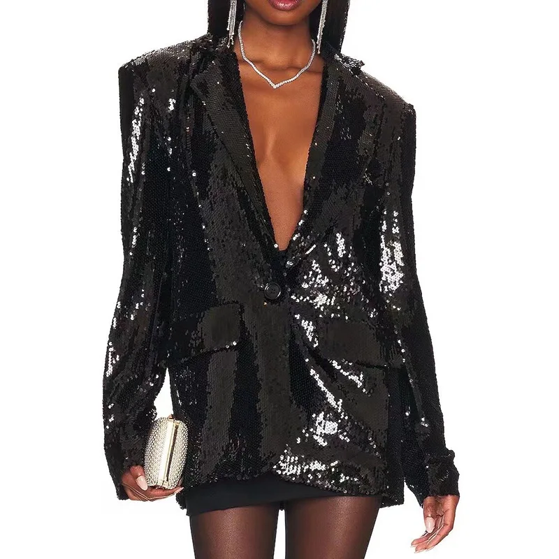 

2025 New One Button Bling Bling Glitter Black Sequined Loose Suit Jacket for Women