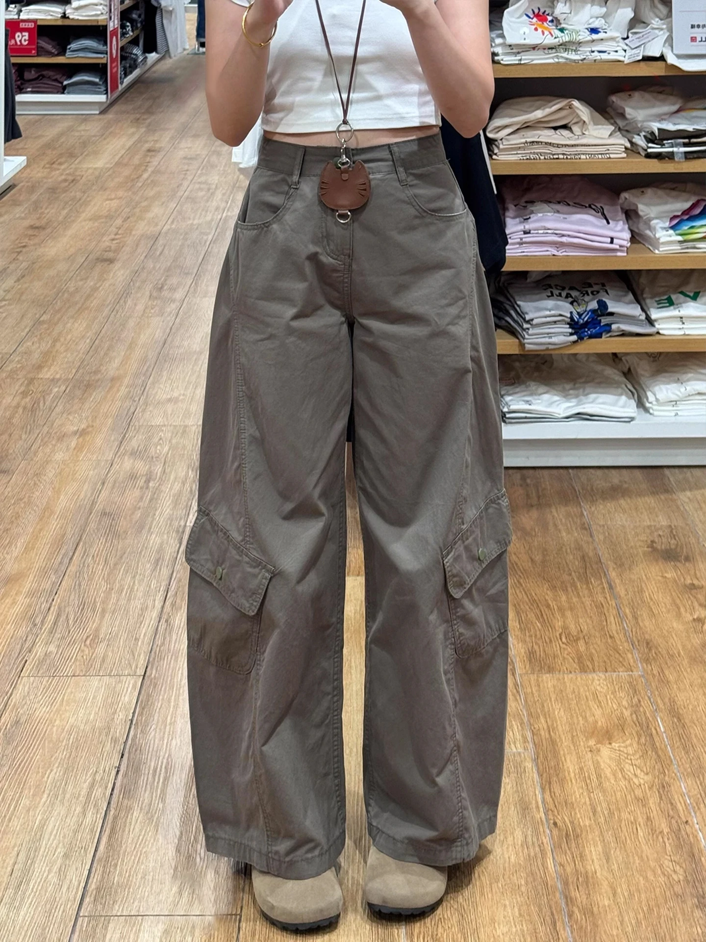 

Loose Straight Leg High Waist Men's Workwear Pants Multi ket Wide Leg Jeans Slanted Cut Knife Casual Trousers