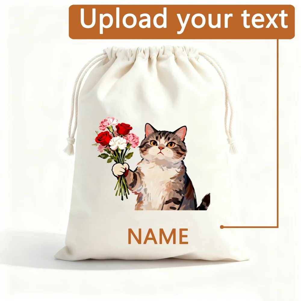 1Pc Custom Name/Text Cat-Themed Imitation Hemp Gift Bag Drawstring Closure Storage Bag, Party Candy Bags, Daily Storage