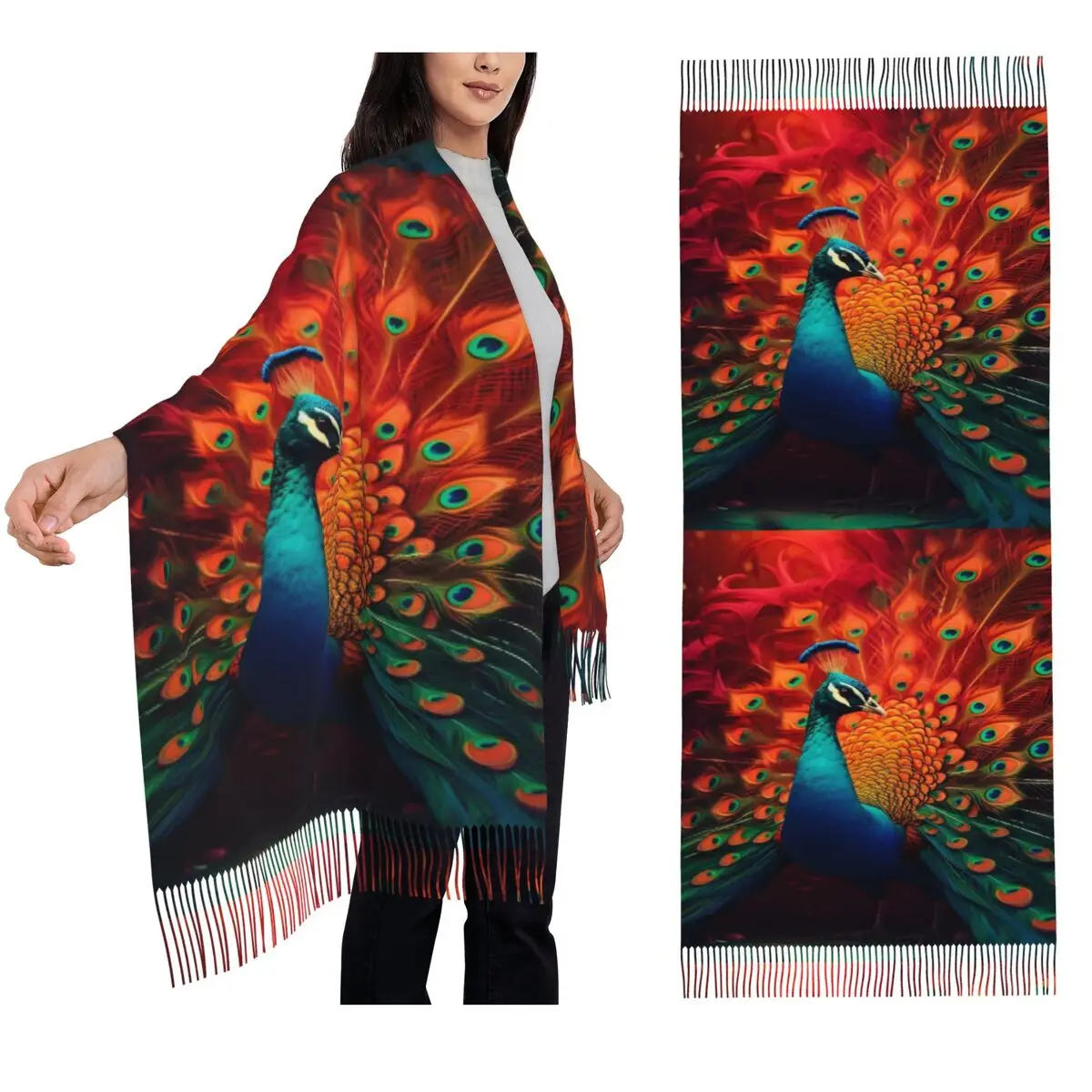 وشاح ريش الطاووس شرابة الأوشحة للنساء شالات دافئة ناعمة ويلتف شال طويل الخريف والشتاء
