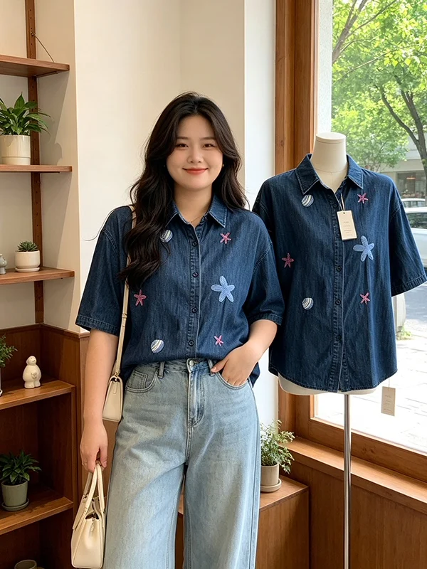 

plus Size Women's Fashion Embroidered Denim Short Sleeve Shirt Thin Belly Covering Slimming Age Defying Top Korean Style Commute