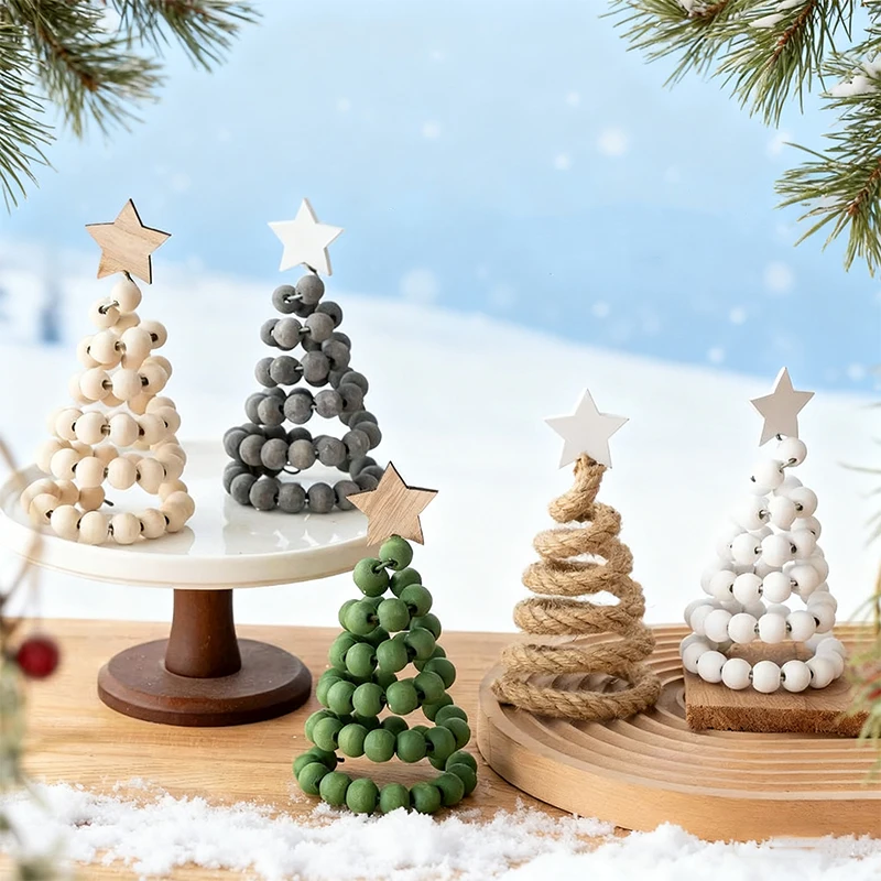 

Vintage Wooden Bead Christmas Tree Ornaments 5 Color Options Nordic Style Tabletop Decor for Holiday Table Centerpiece Display