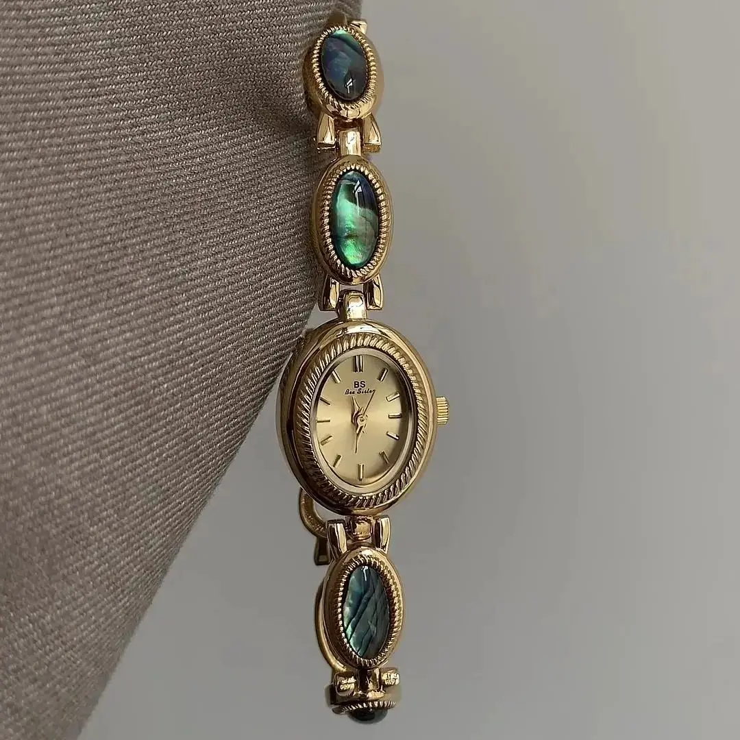 Jam Tangan Wanita Mewah Modis Jam Tangan Kuarsa Dial Oval Batu Permata Alami Gelang Jam Tangan Wanita Temperamen Kelas Atas Unik