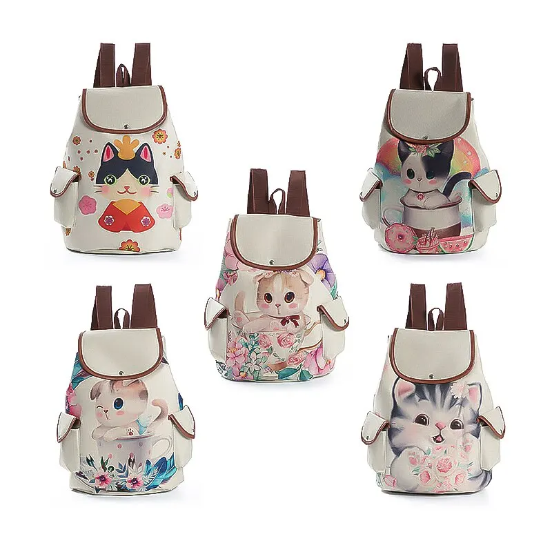 Creative Backpack Cartoon Cute Cat Print Schoolbag Large Capacity Cute Linen Women Shoulder Bag Backpacks For Girls School Child