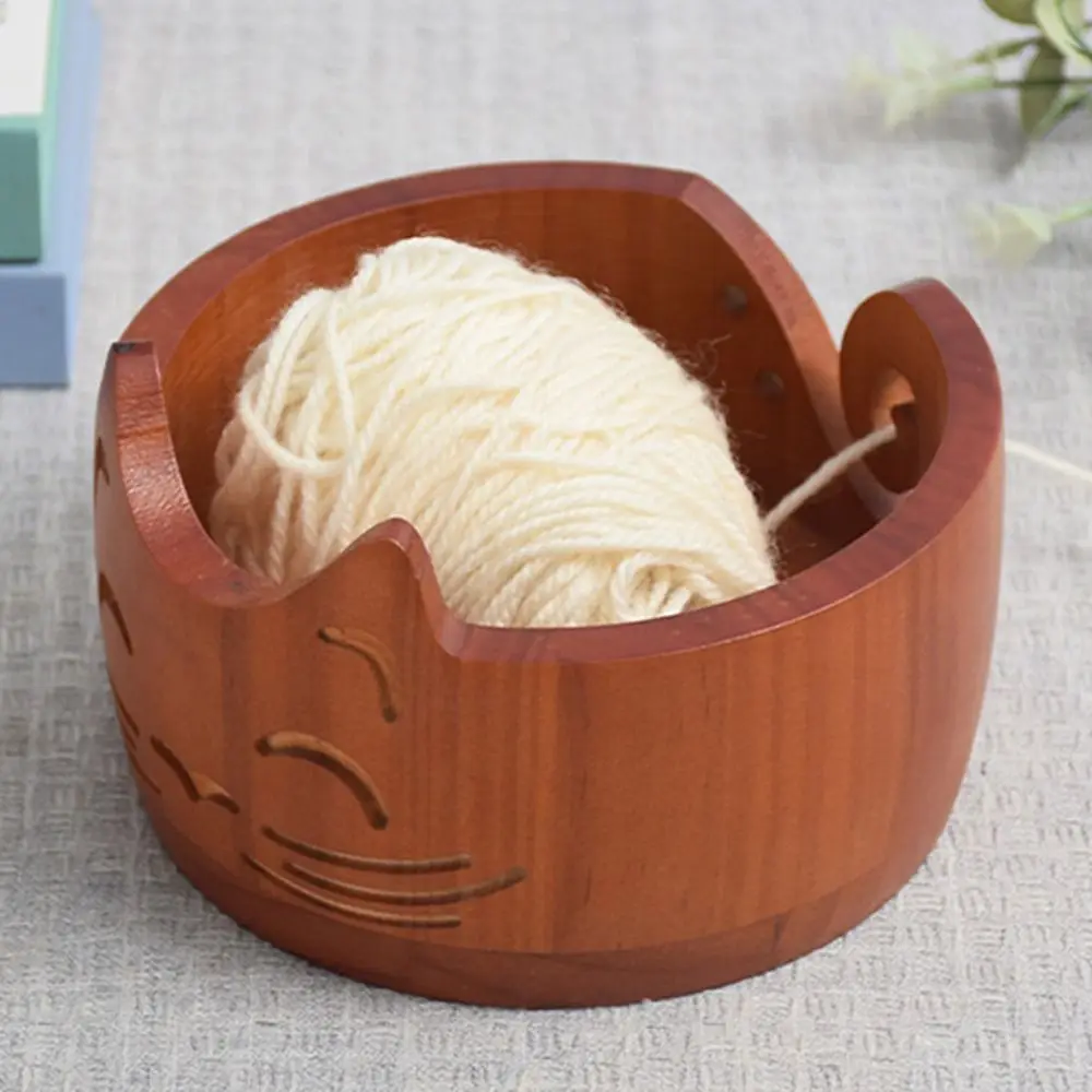 

Durable With Holes Wooden Yarn Bowl Cat Shaped Knit Tool Knitting Storage Bowl Round Practical Storage Basket Crocheting