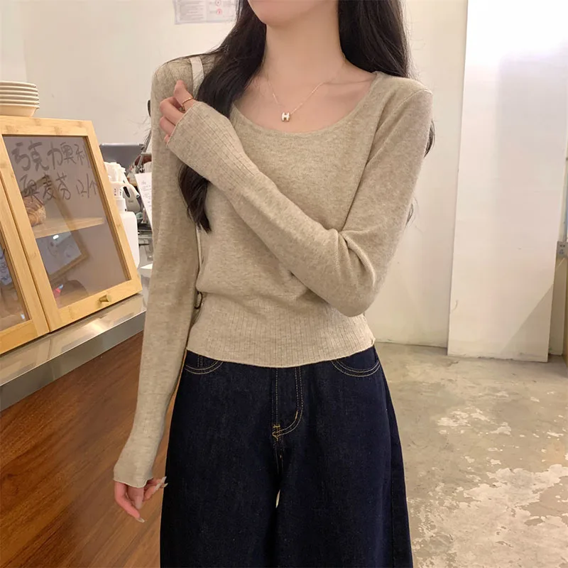 Solid Color Simple Long Sleeve Sweater Woman Korean Round Collar All-Match Short Sweaters Autumn Winter Casual Knit Pullover view 5