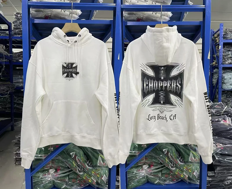 

Худи в американском стиле Street Motorcycle West Coast Choppers, унисекс, белый хлопок, с логотипом и крестовым принтом, толстовка с капюшоном