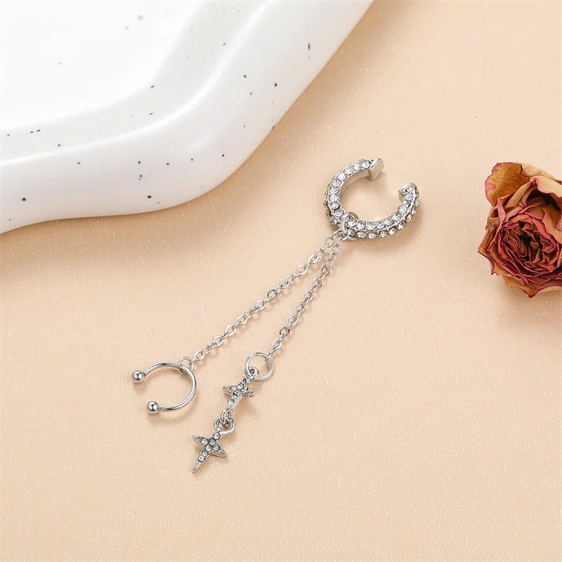 Shiny Silver Color Crystal Tassel Non-Piercing Cuff Ear Clip Earring For Women Rhinestone Star Fake Cartilage Piercing Jewelry image 3