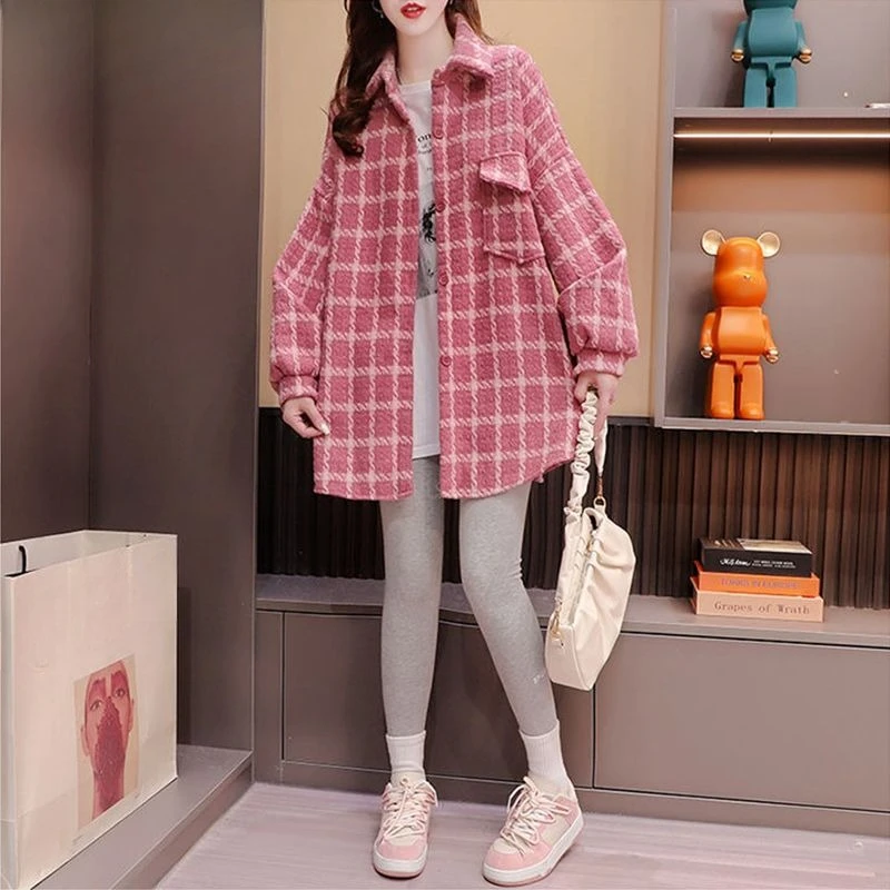 

​2025 Women's Thick Brushed Checkered Overshirt Jacket Loose Casual Spring Autumn Streetwear Outerwear​