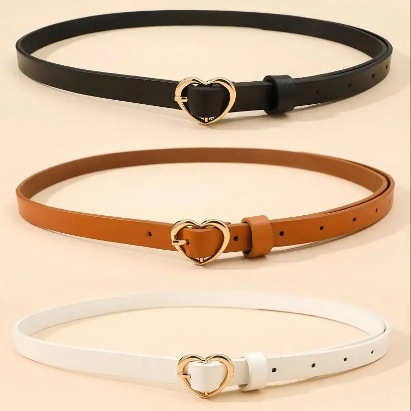 A Set of Three Heart-Shaped Gold Buckle Thin Waist Belt, Versatile for Daily Use