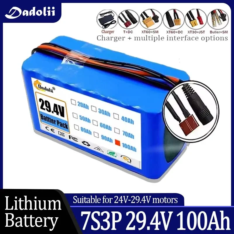 29.4V 100Ah 7s3p 18650 battery lithium battery Suitable for 24V-29.4V motors Lithium ion Battery pack + 2A Charger