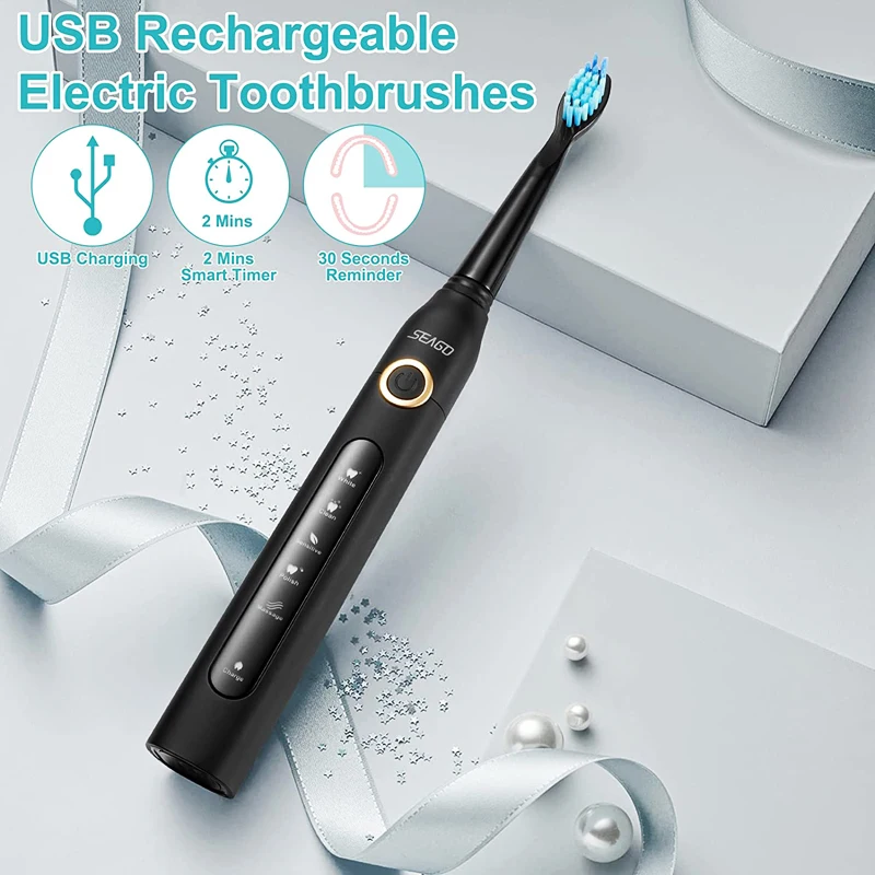 SEAGO SG-507 Ultrasonic Electric Toothbrush Rechargeable Adult Clean Toothbrush 5 Modes 2 Min Timer IPX7 with Replacement Heads