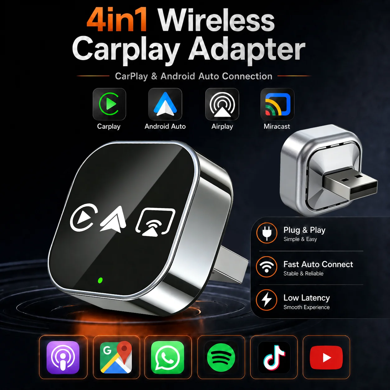 Adaptador Bluetooth Estável CarRocket Upgrade 4 em 1 com Fio para Wireless CarPlay, Android Auto, AirPlay e Mirror Link para Audi, Benz e Toyota