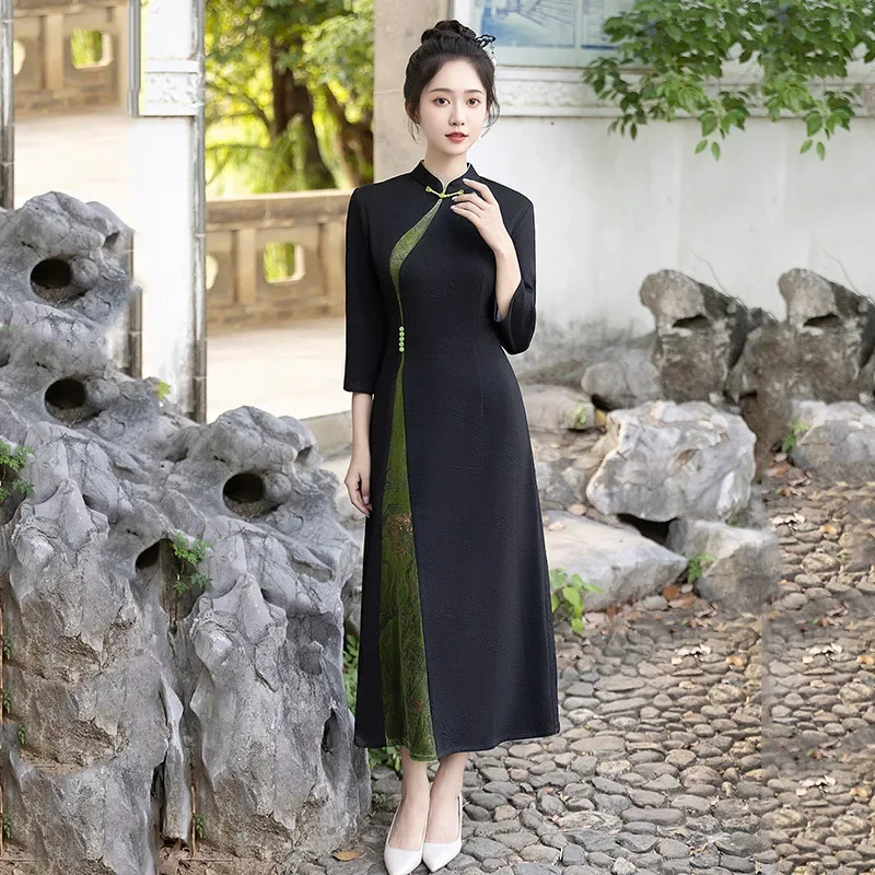 

Mom Velvet Aodai New Chinese Improved Cheongsam 2025 New Women's Retro Long Sleeve Dress Spring and Autumn Dress Qipao