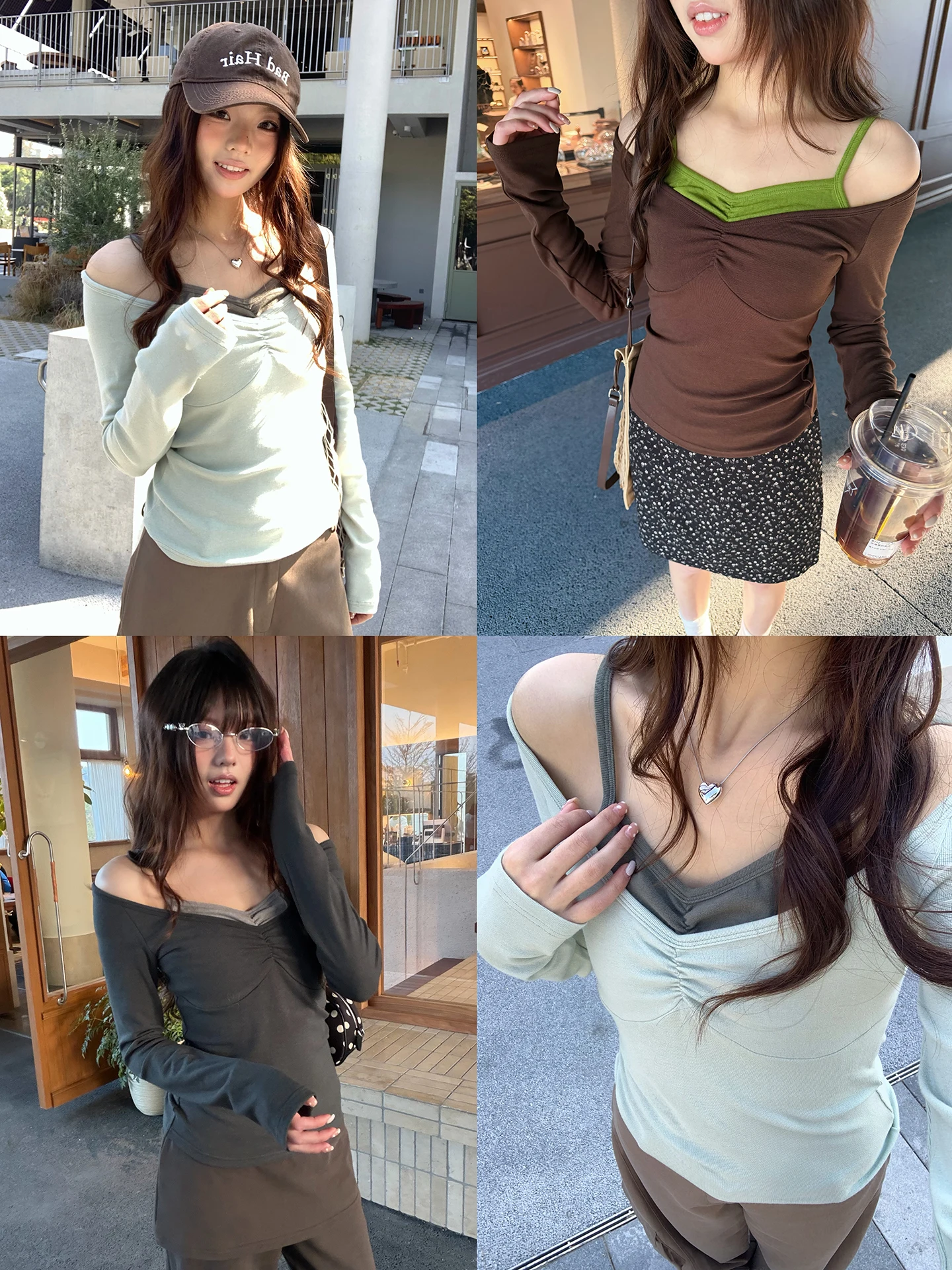 

Топ с открытыми плечами и длинным рукавом, приталенный, V-образный вырез, от Huang Huang Home, весна 2026, новая коллекция, корейский стиль, женская футболка