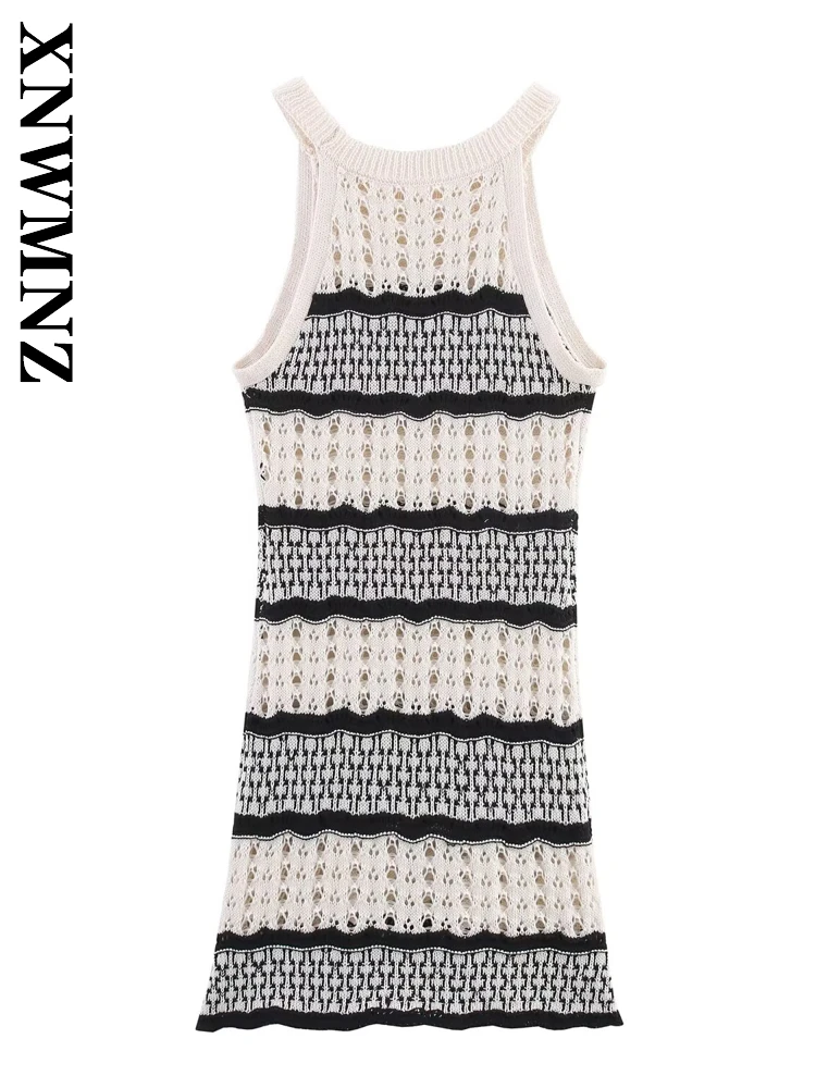 XNWMNZ 2025 여름 신상 여성 파티 클럽 홀터넥 숄더 홀터 니트 드레스 심플 레이디 민소매 드레스 패션 미니