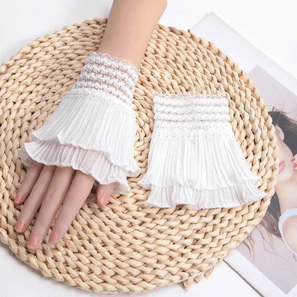 1 Pair Women Detachable Fake Sleeves Spring Wild Sweater Decorative Sleeves Lace Ruffles Elbow Sleeve Cuff Universal Fake Cuff