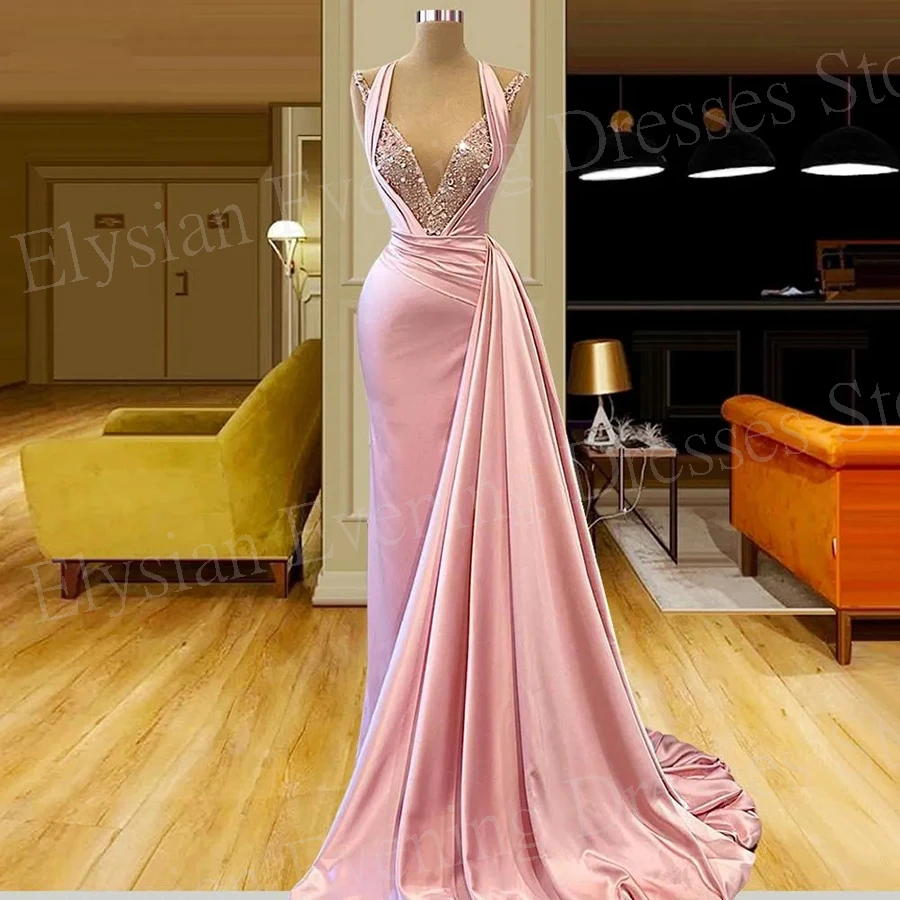 Precioso vestido De Noche rosa para mujer, Sexy vestido sin mangas con cuentas, plisado brillante, 2024