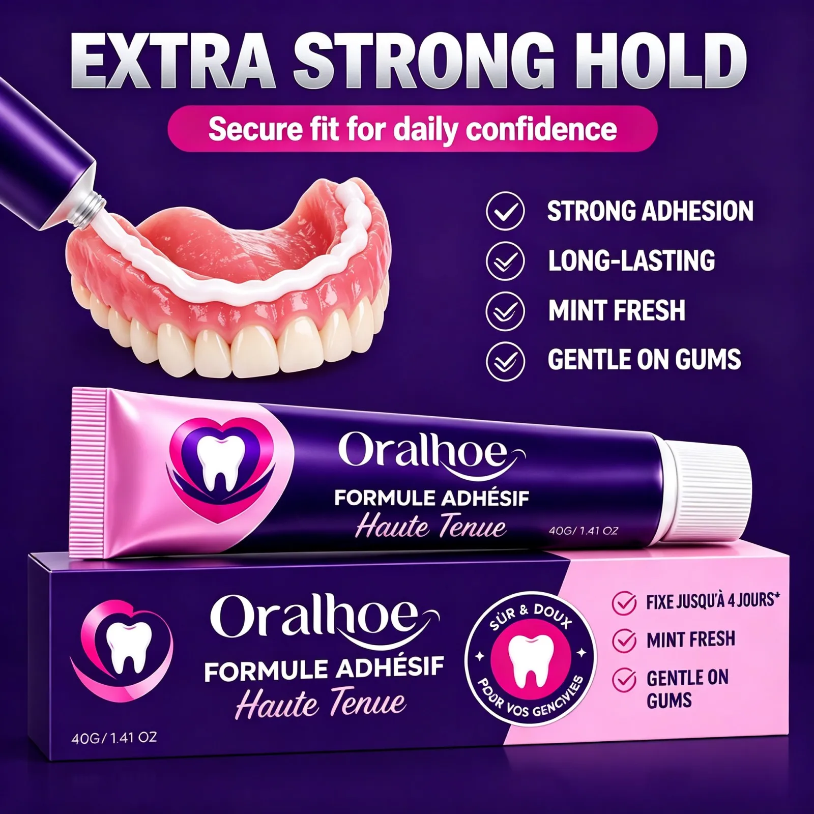 Denture Adhesive 40g Confident Eating Talking Comfortable Fit Long Lasting Hold Mint Flavor Portable Daily Oral Care for Seniors